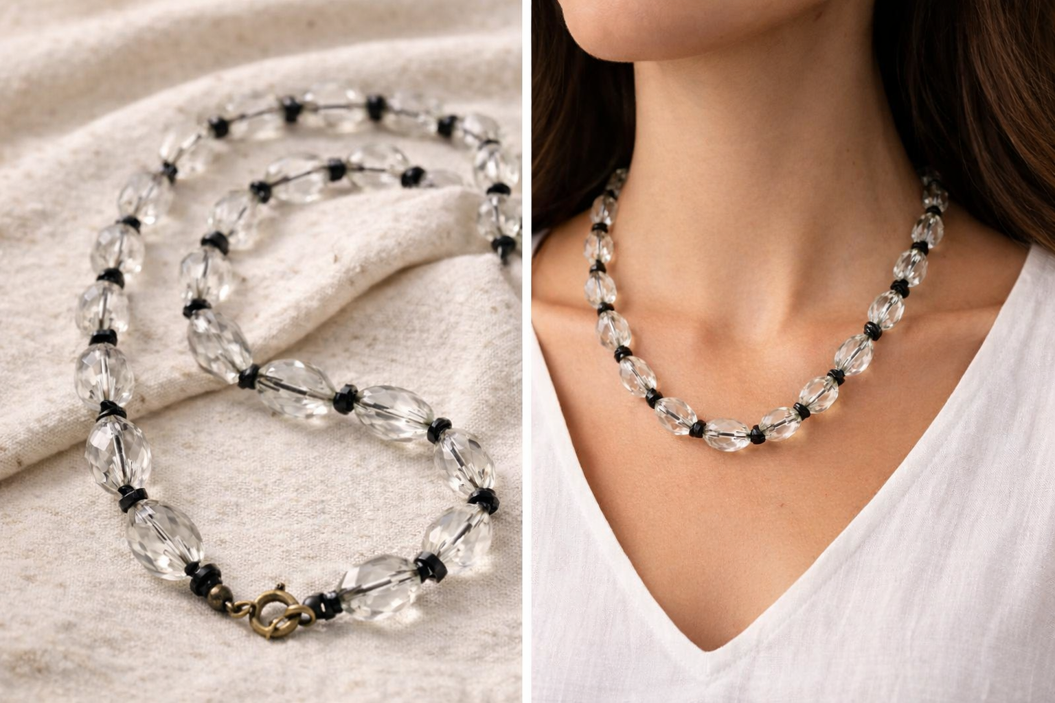 Collier artisanal en perles transparentes, style ethnique minimaliste