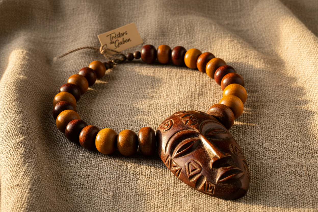 Affirmez votre identité avec ce collier artisanal gabonais, pièce maîtresse de notre collection Trésors du Gabon. Entièrement fait main, ce bijou combine l'authenticité du bois poli et le détail précis d'un pendentif en forme de masque traditionnel, rappelant l'héritage Fang et Punu.