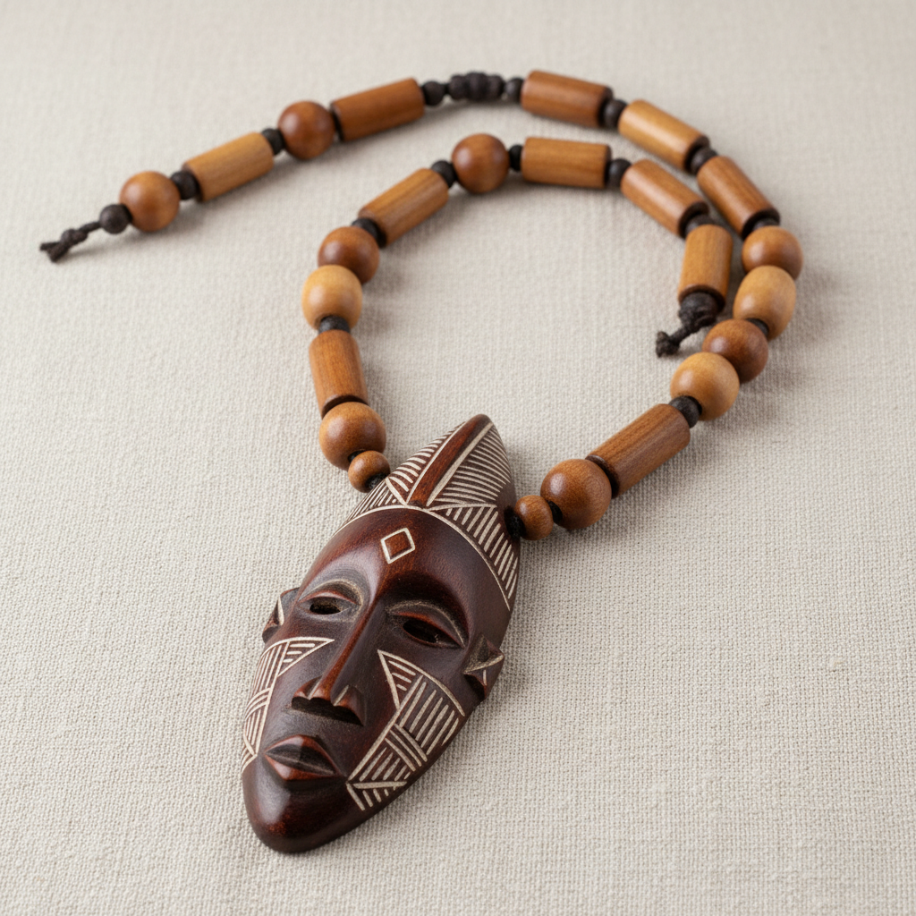 Affirmez votre identité avec ce collier artisanal gabonais, pièce maîtresse de notre collection Trésors du Gabon. Entièrement fait main, ce bijou combine l'authenticité du bois poli et le détail précis d'un pendentif en forme de masque traditionnel, rappelant l'héritage Fang et Punu.