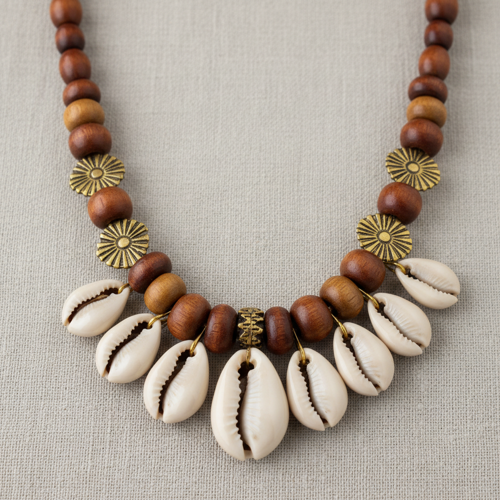 Ce collier artisanal gabonais est une pièce authentique inspirée des traditions africaines. Fabriqué à la main, il associe des perles en bois naturel, des éléments dorés et de véritables coquillages cauris, symboles de protection et de prospérité. Son design chaleureux et ancestral en fait un bijou unique, idéal pour sublimer une tenue traditionnelle ou moderne tout en affirmant une forte identité culturelle africaine.