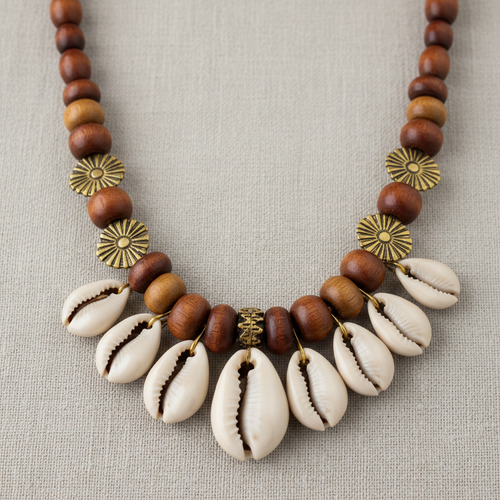Ce collier artisanal gabonais est une pièce authentique inspirée des traditions africaines. Fabriqué à la main, il associe des perles en bois naturel, des éléments dorés et de véritables coquillages cauris, symboles de protection et de prospérité. Son design chaleureux et ancestral en fait un bijou unique, idéal pour sublimer une tenue traditionnelle ou moderne tout en affirmant une forte identité culturelle africaine.