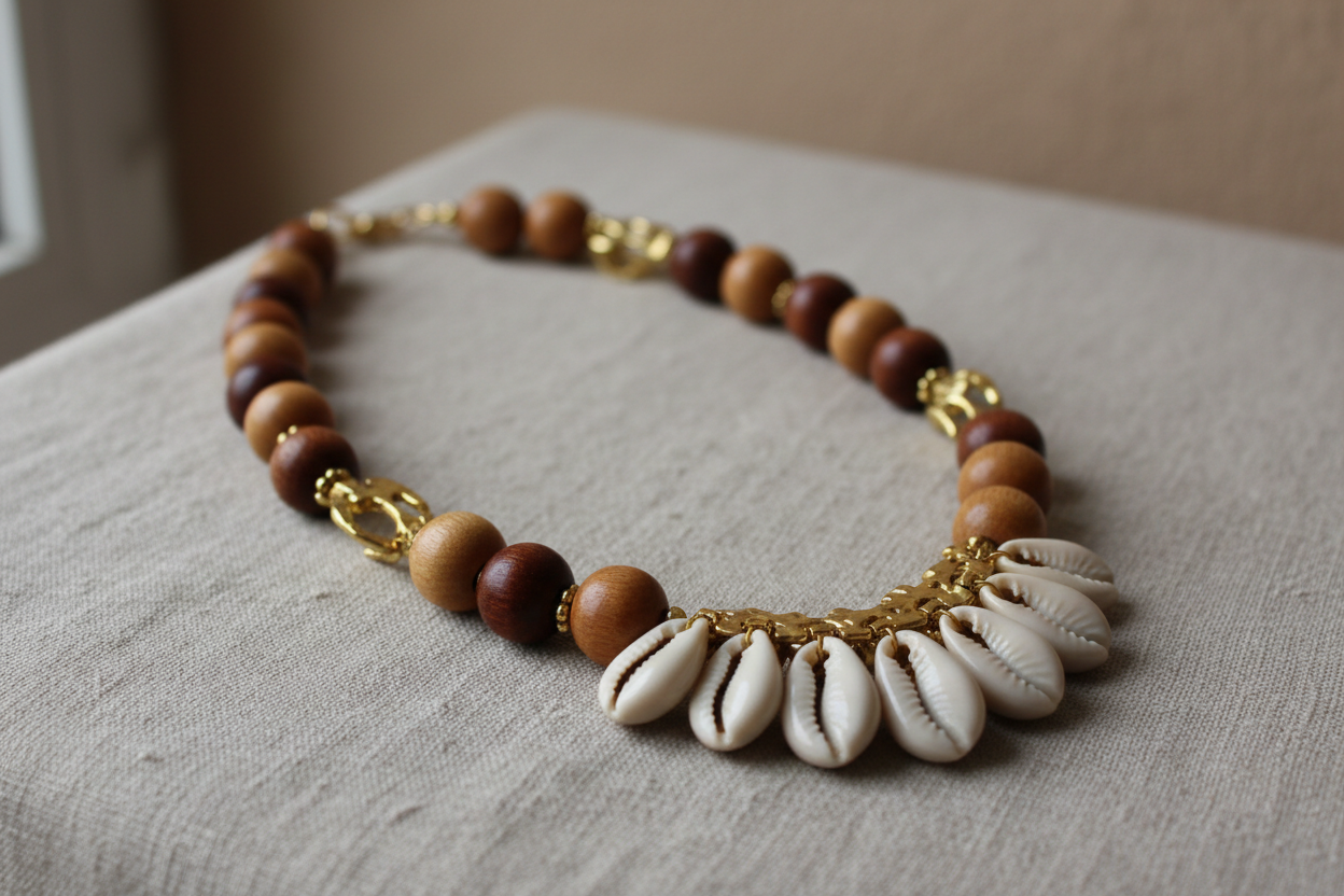 Ce collier artisanal gabonais est une pièce authentique inspirée des traditions africaines. Fabriqué à la main, il associe des perles en bois naturel, des éléments dorés et de véritables coquillages cauris, symboles de protection et de prospérité. Son design chaleureux et ancestral en fait un bijou unique, idéal pour sublimer une tenue traditionnelle ou moderne tout en affirmant une forte identité culturelle africaine.