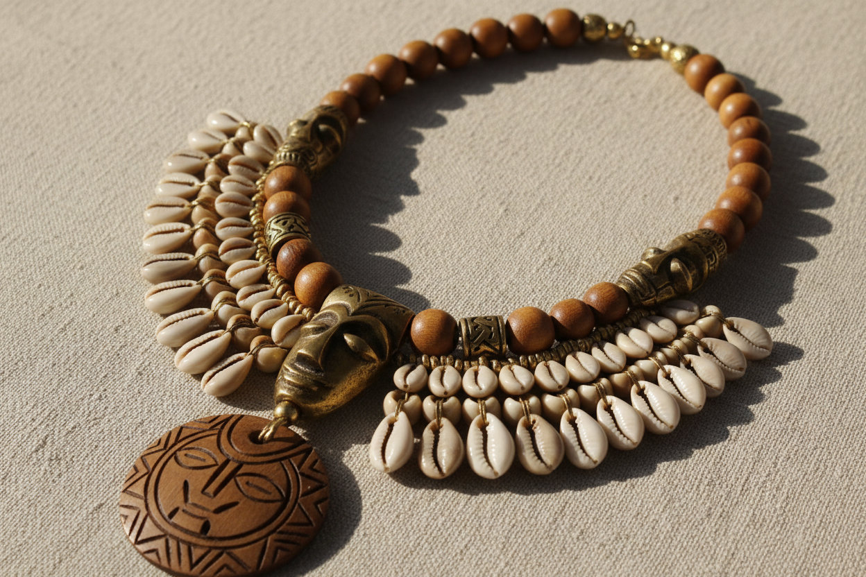 Ce collier artisanal gabonais est une pièce authentique inspirée des traditions africaines. Fabriqué à la main, il associe des perles en bois naturel, des éléments dorés et de véritables coquillages cauris, symboles de protection et de prospérité. Son design chaleureux et ancestral en fait un bijou unique, idéal pour sublimer une tenue traditionnelle ou moderne tout en affirmant une forte identité culturelle africaine.