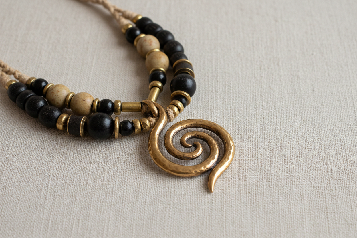 Ce collier artisanal gabonais se distingue par son pendentif spiralé, symbole de continuité, d’énergie et de sagesse ancestrale. Conçu avec des perles aux teintes naturelles (bois, pierre et finitions dorées), il reflète le savoir-faire des artisans africains. Élégant et chargé de sens, ce bijou est parfait pour les amateurs d’artisanat authentique et de pièces culturelles fortes.