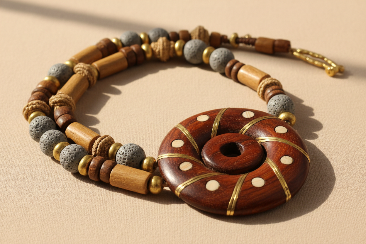 Ce collier artisanal gabonais se distingue par son pendentif spiralé, symbole de continuité, d’énergie et de sagesse ancestrale. Conçu avec des perles aux teintes naturelles (bois, pierre et finitions dorées), il reflète le savoir-faire des artisans africains. Élégant et chargé de sens, ce bijou est parfait pour les amateurs d’artisanat authentique et de pièces culturelles fortes.