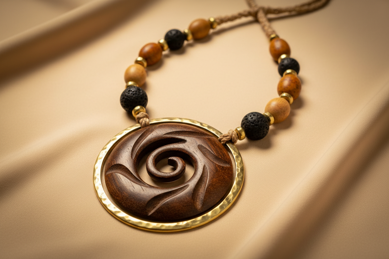 Ce collier artisanal gabonais se distingue par son pendentif spiralé, symbole de continuité, d’énergie et de sagesse ancestrale. Conçu avec des perles aux teintes naturelles (bois, pierre et finitions dorées), il reflète le savoir-faire des artisans africains. Élégant et chargé de sens, ce bijou est parfait pour les amateurs d’artisanat authentique et de pièces culturelles fortes.