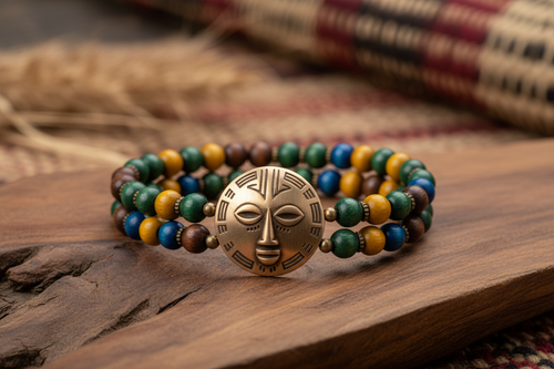 Portez les couleurs de la nation avec élégance. Ce bracelet artisanal double rang est une célébration du savoir-faire local. Ses perles aux teintes chaudes et forestières encadrent un délicat médaillon en bronze, offrant une touche de lumière à votre poignet.