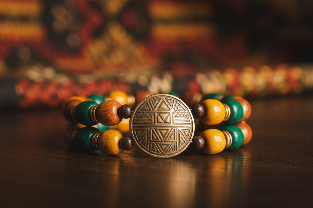 Portez les couleurs de la nation avec élégance. Ce bracelet artisanal double rang est une célébration du savoir-faire local. Ses perles aux teintes chaudes et forestières encadrent un délicat médaillon en bronze, offrant une touche de lumière à votre poignet.