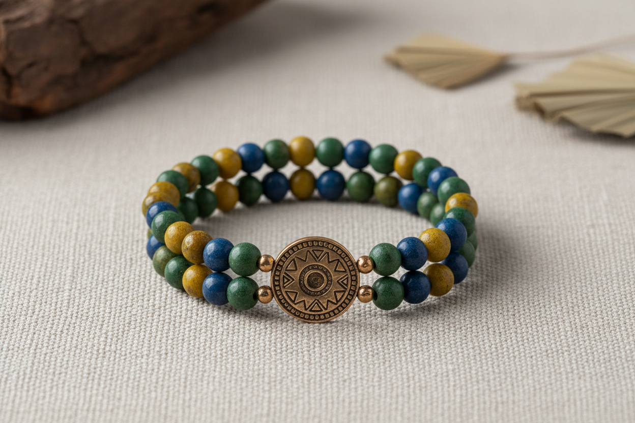 Portez les couleurs de la nation avec élégance. Ce bracelet artisanal double rang est une célébration du savoir-faire local. Ses perles aux teintes chaudes et forestières encadrent un délicat médaillon en bronze, offrant une touche de lumière à votre poignet.